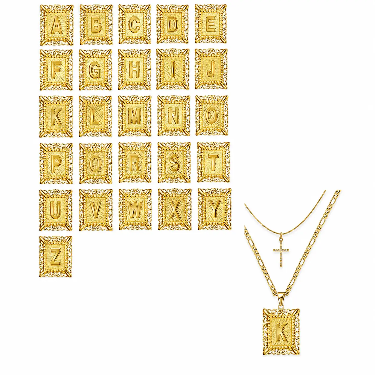 2Pcs Unisex 14K Gold Plated Square Capital Monogram A-Z Letter Pendant Necklace Chic Stainless Steel Box Chain & Figaro Chain Jewelry for Men Women, Party, Proms, Music Festivals, And Holiday Wear Accessories