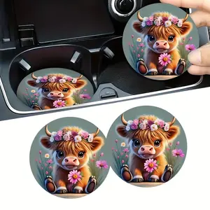2-Pack Cute Highland Cow Floral Car Cup Mats, 2.75 Inch Non-Slip Drink Pads, Universal Car Accessories, Car Interior Accessory, Ideal Gift for Men and Women