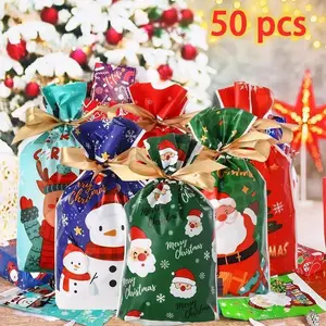 50PCS Christmas Gift Bags ChristmasWrapping Bags SetChristmas Drawstring Gift Bags – Reusable Holiday Wrapping Bags with Tags, Medium Size 5.9" x 9.06" (Random Designs)