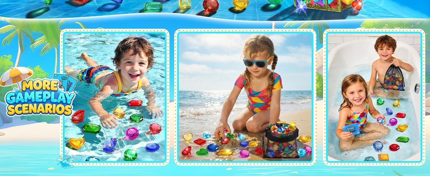 DOIOWN Unisex Kids Pool Sports Playset - Underwater Treasure Hunt with 60 Sinking Gems, Pirate Chest, 35 Cards, Realistic Diamonds, Neon Hearts, Breath Control Learning Tool, Ages 3-10 Birthday Gift