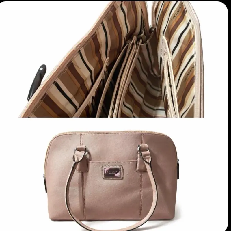 Women's Elegant Dome Satchel Handbag, Blush Pink Textured Purse with a Double Handle and Front Logo Plate, Dome Shape, Multi-Compartments, Zip Closure, High-Capacity, Striped, Structured Dome Silhouette