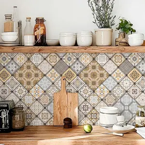 Vintage Moroccan Tile Self-Adhesive Wallpaper Roll, Neutral Bohemian Farmhouse Wall Protector for Kitchen & Bathroom, Waterproof Oil-Resistant Wall Sticker