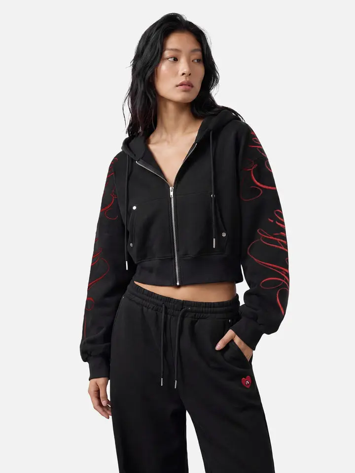 Aelfric Eden Cropped Script Embroidery Zip Up Hoodie Script Embroidery Relaxed Boxy Cropped Silhouette Structure Metal Rivet Pocket Detail Heavyweight Soft Fabric Vintage Gothic Streetwear Unisex Top