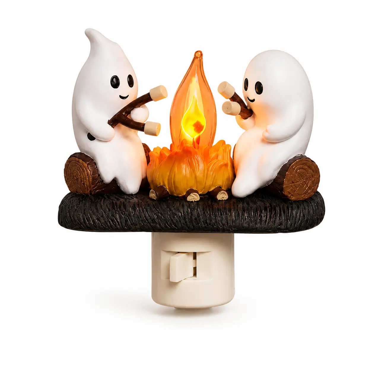 3D Flickering Campfire Plug-In Night Light, Halloween & Christmas Character LED Nightlight, Cute Indoor Holiday Decoration for Bedroom, Hallway and Gifts, Resin