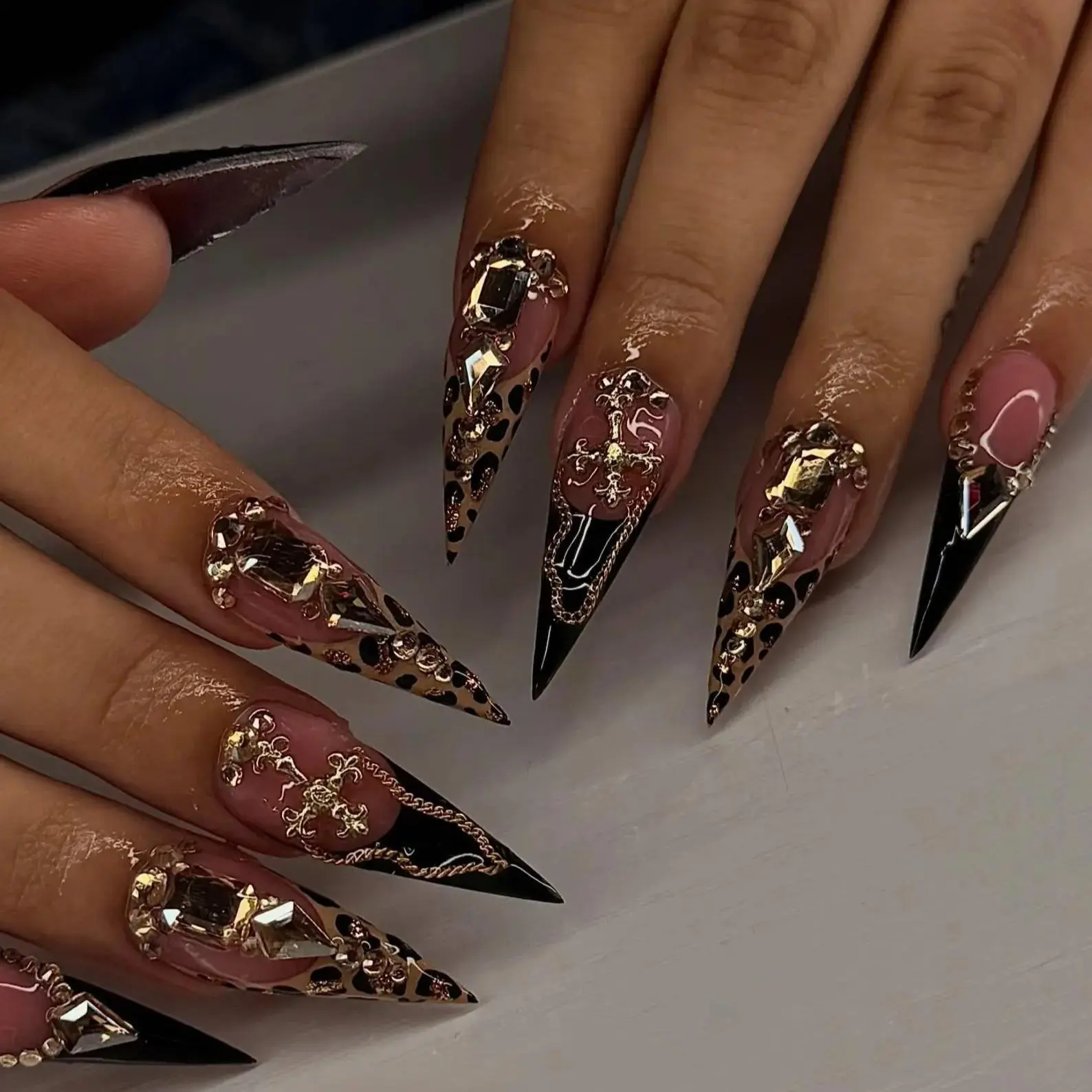 Hand-Painted Luxury Gothic Press On Nails | 3D Cross & Leopard XL Stiletto Fake Nails | Edgy Rhinestone Nail Art for Party, Event, Concert