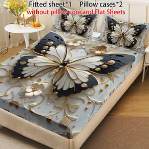 3PCS Artistic Butterfly Fitted Sheet Set (1 Fitted Sheet + 2 Pillowcases without Pillow Cores) High-Definition Digital Printing, Unlocking Luxurious Restful Retreats, Pearl Gemstone Embellished Bedding Set