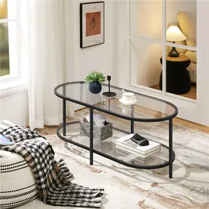 Yaheetech Glass Coffee Table, 42in Oval Coffee Table for Living Room, Modern Minimal 2-Tier Center Table with Metal Frame for Small Space, Apartment, Office