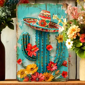 Vintage Cactus with Sombrero Metal Tin Sign, Iron Wall Decor for Indoor Outdoor Use, Mexican-Inspired Art for Home, Bedroom, Office, Cafe, Garage - Decorative Foil Engraving, 8x12 Inch