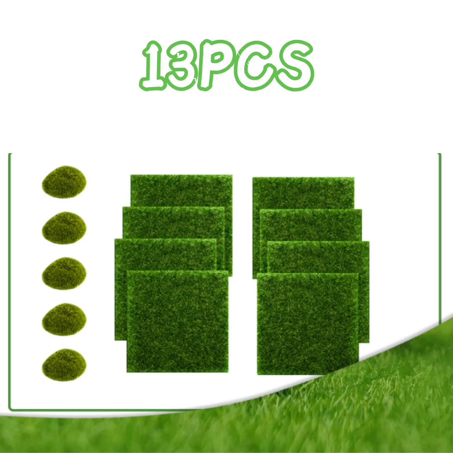 13PCS Decorative Synthetic Fairy Garden Set - 8Pack Life-Like Lawn, 5Pcs Artificial Moss Rocks - Miniature Ornament Accessories for Dollhouse DIY, Room Decoration