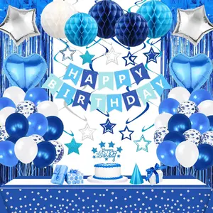 Blue White Birthday Party Decorations Supplies Happy Birthday Banner Honeycomb Balls Fringe Curtain Foil Balloons Hanging Swirls Cake Topper Tablecloth Party Supplies for Boys Men