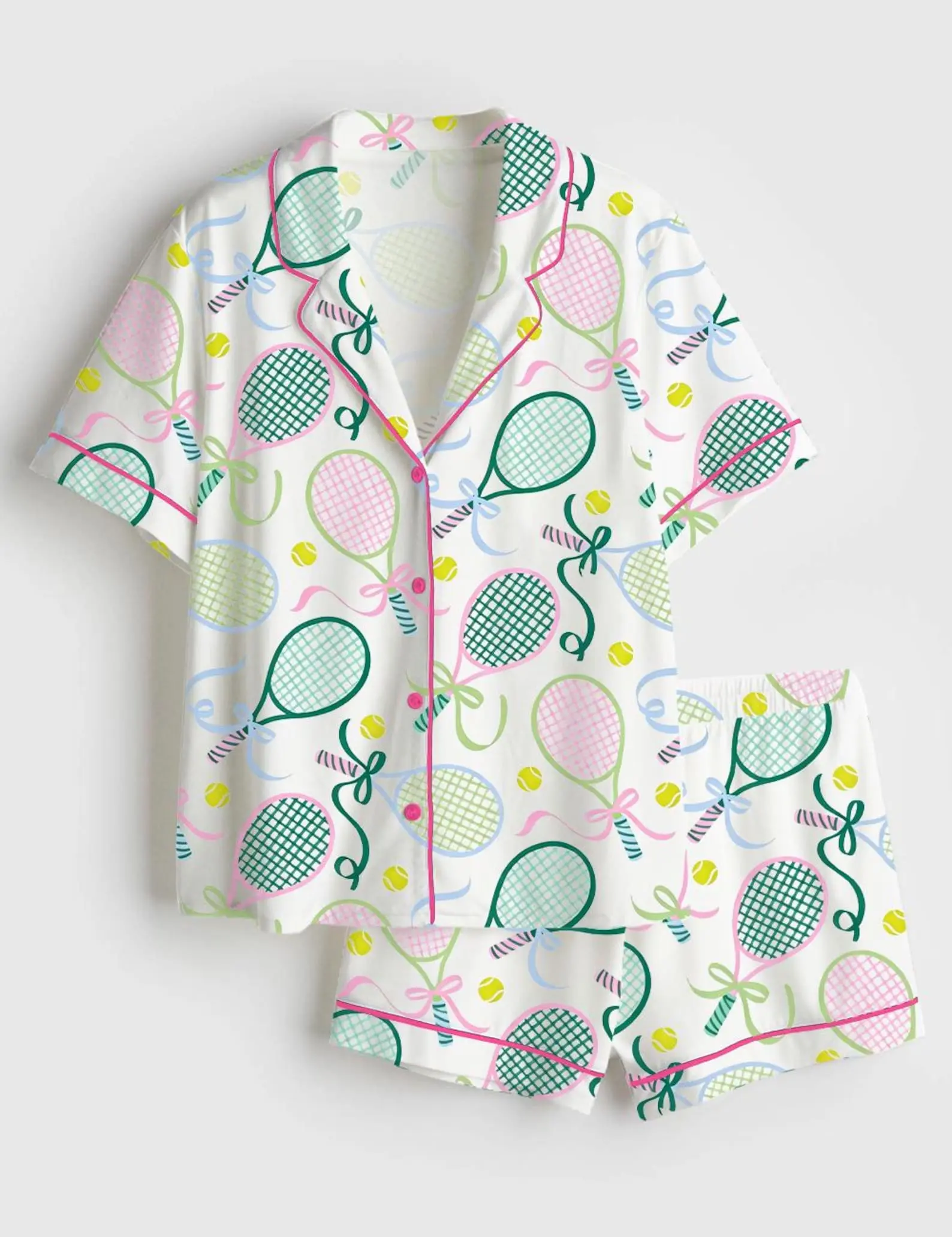 Women's Tennis Pajama Set - Preppy Coquette Sport Sleepwear, Summer Short-Sleeve Loungewear Outfit with Pants, Ideal Gift