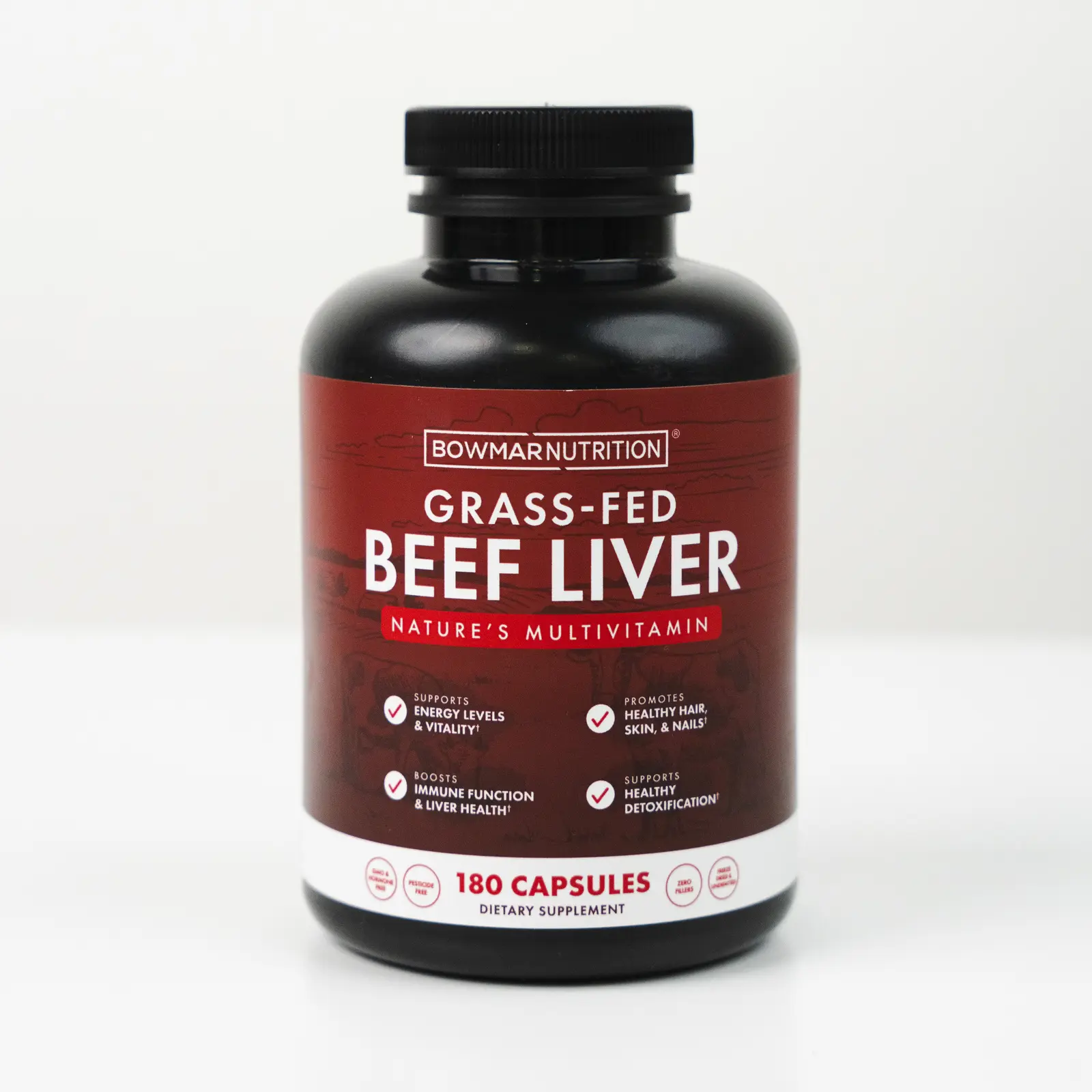 Bowmar Nutrition Beef Liver Capsules, Grass Fed Freeze Dried Beef Liver Supplement with Vitamin A, B12 and Iron, 3000 mg per Serving, 180 Capsules
