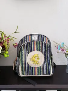 Namaste Colorful Sun Moon Embroidery Natural Unisex Handmade Organic Eco Friendly Backpack