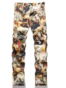 Men's creative oil painting printed jeans, European retro denim straight leg pants,Men's Vintage Renaissance Angel Print Skinny Jeans, Casual Weekend Wear,   Oil Painting, European Art, Leisure Outing Occasion, Cultivate The Body Version,  Fashion Style,