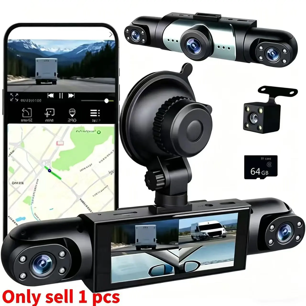4K 1080P 4-Channel Dash Cam, Triple Lens Car Dvr with 3.16'' IPS Screen, 64GB Storage, Night Vision, Parking Mode, Loop Recording, Night Vision Dashcam, Car Dashboard Camera