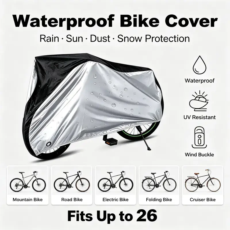 190T Bike Cover, Waterproof & UV Protection with Lock Holes, Windproof Buckle,Storage Bag Included,All-Weather Outdoor Cover for Mountain Road Bikes Up to 26"