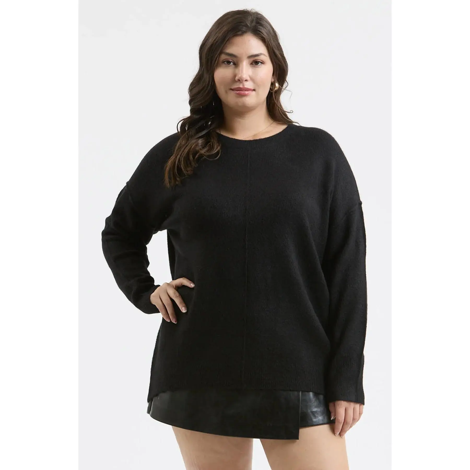 Plus Size Black Crewneck Knit Sweater – Front Seam Detail | Heartland Store MN