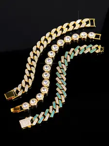 3pcs Hip-Hop Charm Colorful Blue Jewelry Set, Cuban Chain Stacked Bracelet for Men Women, Punk-Style Accessories for Daily Wear, Cuban Link Bracelet