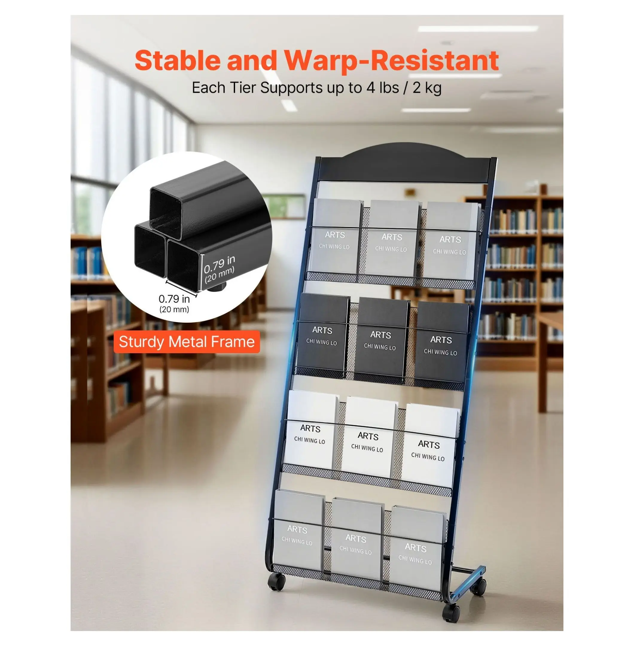 Brochure Display Rack 4-Tier, Movable Magazine Holder with Wheels - Heavy Duty Literature Stand for Office, Exhibitions, Craft Fairs 4 Pockets