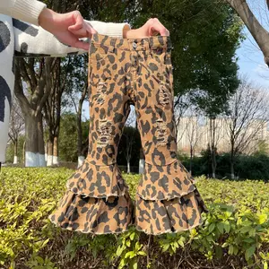 Girl Bell Bottom Jeans leopard ruffles girl denim pant toddler jeans party wear
