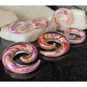 PAIR Multicolor Swirl Glass Spiral Tapers Expanders Plugs Gauges Body Jewelry