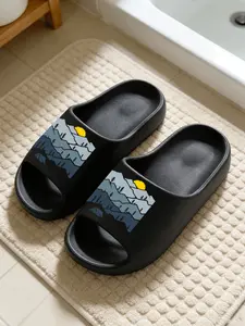 Sunset Mountain Black Thick-Soled Slippers, Outdoor Hiking Style Cloud Cushion Non-Slip Slides, Casual Indoor & Outdoor Couple Sandals