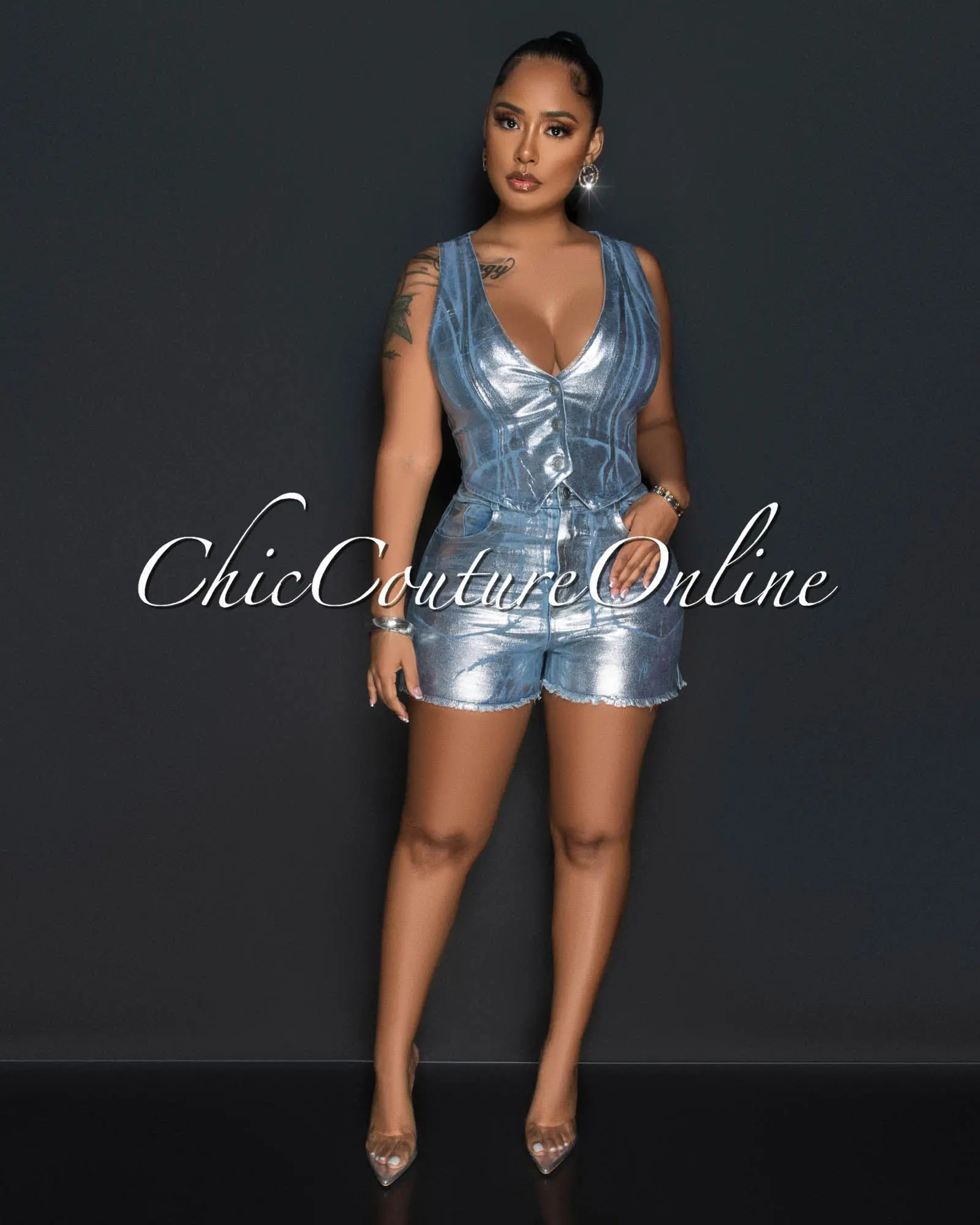 *Rayanne Light Denim Silver Foil Crop Top & Shorts Set