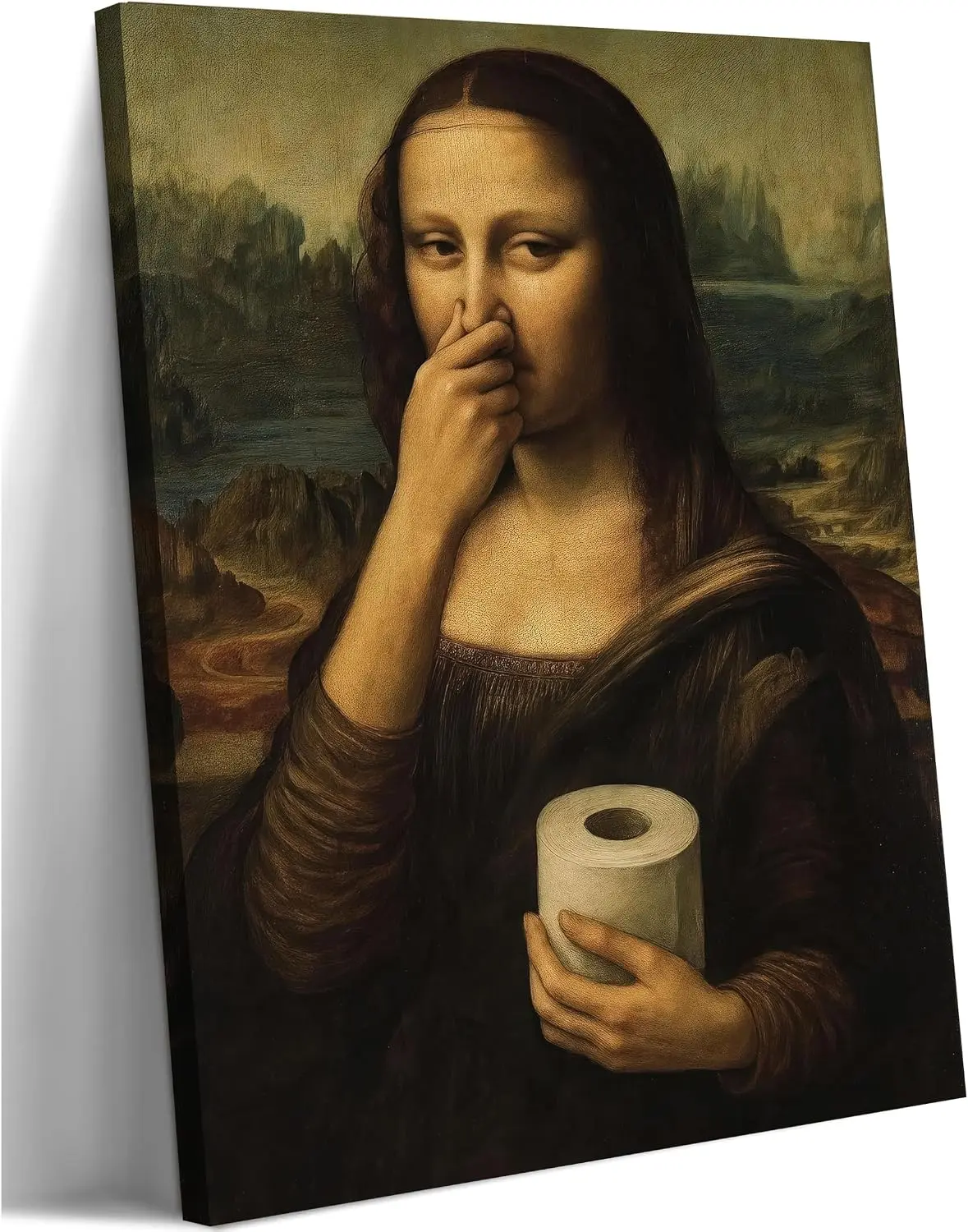 Funny Mona Lisa Bathroom Canvas Wall Art Humor Amusing Toilet Art Pinching Nose Wall Decor Celebrity Classical Vintage Painting Whimsical Poster Print for Bathroom Restroom Decoration 12x16in