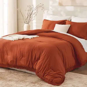 King Size Comforter Set Burnt Orange, 3 Pieces Boho Terracotta Soft Lightweight Bedding Comforter Sets, Rust Tassel All Season Bed Set (104x90In Comforter & 2 Pillowcases)