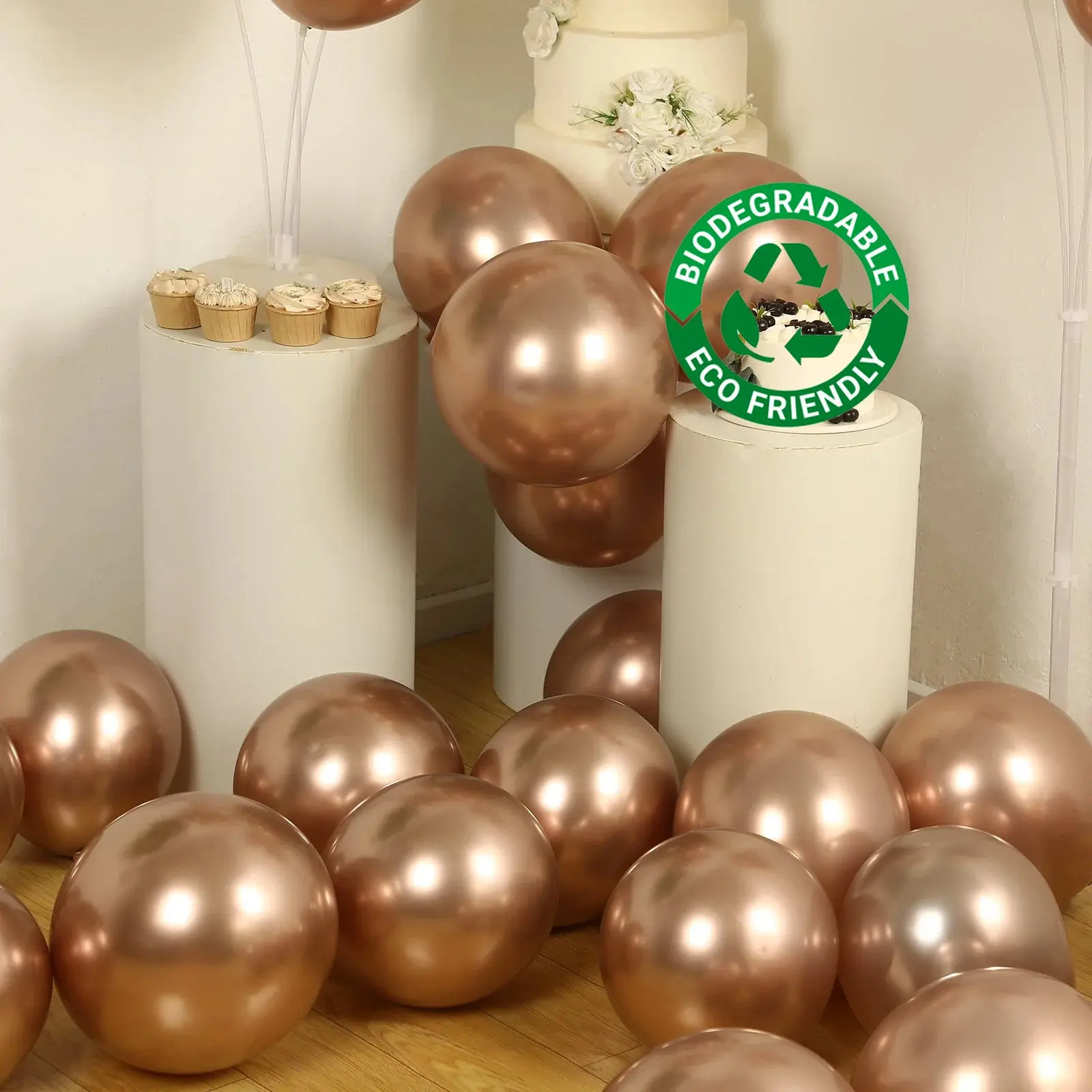50 Pack Chrome Rose Gold Biodegradable Latex Balloons, 12 in Thick Eco-Friendly Metallic Party Balloons for Party Decor, Birthday, Ceiling Decorations