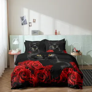 3pcs Black Cat & Red Rose Print Duvet Cover Bedding Set - Includes 1 Duvet Cover and 2 Pillowcases, Breathable Polyester, Machine Washable - Perfect For All Seasons