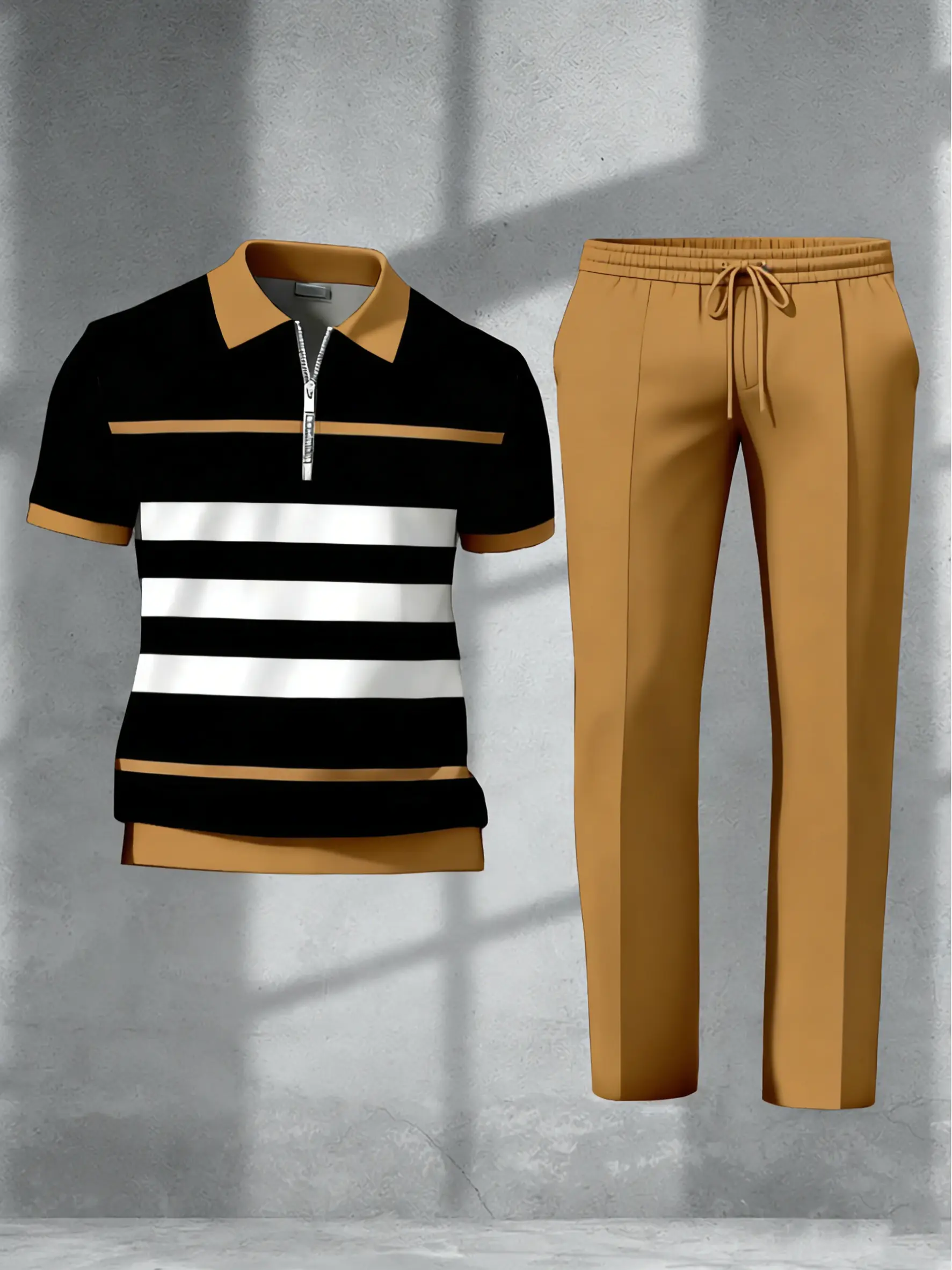 Men’s two-piece business casual set featuring a short-sleeve T-shirt and long pants, with black, brown, and white striped print; stylish street style suitable for the office, commuting, weddings, parties, holidays, and summer outdoor activities.
