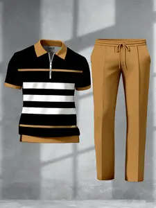 Men’s two-piece business casual set featuring a short-sleeve T-shirt and long pants, with black, brown, and white striped print; stylish street style suitable for the office, commuting, weddings, parties, holidays, and summer outdoor activities.