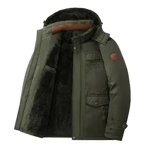 Olive Green Fleece Lined Hooded Jacket Men : Utility Multi-pockets & emblem detail winter warm workwear overcoat