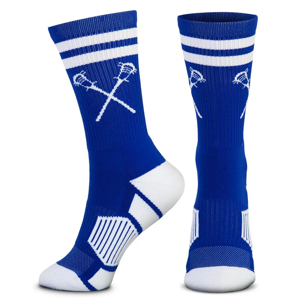 Adult Lacrosse Sports Socks for Men, Royal/White Mid-Calf Crew with Retro Crossed Sticks, Moisture-Wicking Athletic Sock with Cushioned Footbed & Arch Support for Game or Daily Wear, Athletic Socks, Any Occasion