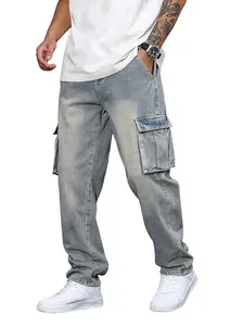 Live unbridled Durable Heavy-Duty Men's Cargo Jeans Loose Fit Straight-Leg Non-Stretch Denim Pants with Multiple Utility Pockets, All-Season Work Pants for Everyday, Washed Blue Jeans Streetwear Plain