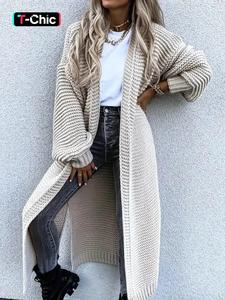 women's solid color drop shoulder split hem long cardigan, casual long sleeve open front knitwear for fall & winter, fashion women's knit clothing for daily wear