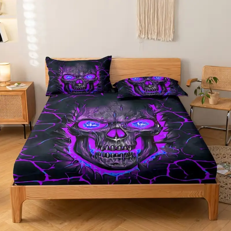 3pcs Skull Pattern Decorative Bedding Set, High-Definition Digital Print, 100% Polyester, Ideal for All Seasons, Bed Sets, Theme Bedding Set