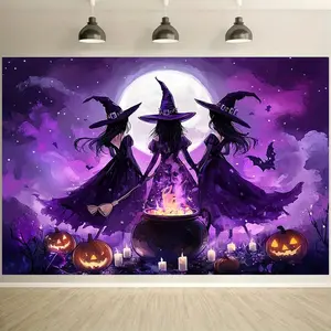 Halloween Background Cloth, 2D Witch Boiler Pumpkin Design, Indoor Outdoor Party Decorations, No Power Needed, Multiple Sizes Available