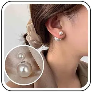 Vintage Pearl Ear Jacket Earrings – Large Pearl Earrings with Silver Front and Back, Double-Sided Pearl Stud Earrings for Women