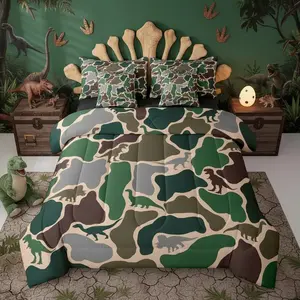 Dinosaur Camouflage 7 Piece Bedding Set Army Green Camo Comforter Set with Sheets Cute Rustic Dino Bed in a Bag Safari Wild Animal Bed Sets Comforter