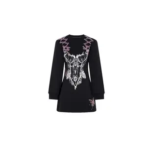 TCH - Black trendy cool dark style round neck long sleeved waist slimming dress