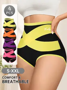 QUASTI 4PCS High Waist Full Coverage Women's Cotton Underwear High Elasticity Tummy Control Hip Lifting Briefs Breathable Comfortable Soft Briefs Cross Strap Design Elegant & Fashionable Everyday Comfort Wear S-XXL