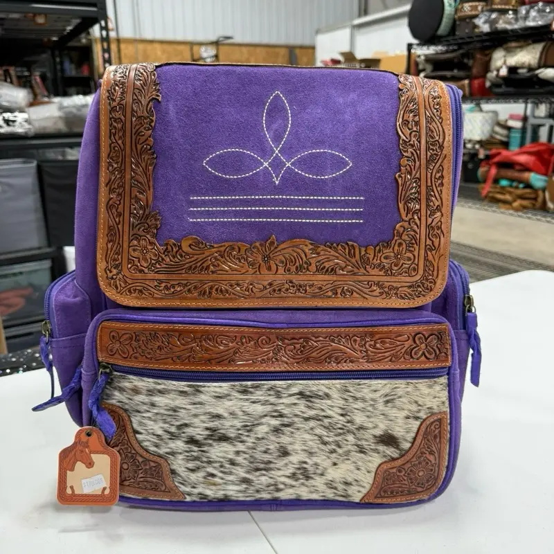 Genuine hand tooled leather & suede backpack- purple suede boot stitch with tooled leather