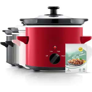 Small Slow Cooker, 2 Quart, Free Liners Included for Easy Clean-up, Upgraded Ceramic Pot, Adjustable Temp, Nutrient Loss Reduction, Stainless Steel, Red, Round