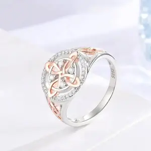 925 Sterling Silver Rose Gold Plated Celtic Knot Ring, Anillo Nudo de Bruja Plata 925 Original Witch Knot Jewelry, Cubic Zirconia Decorated S925 Witches Knot Ring, Witchtok Witch Jewerly Pagan Jewelry for Devotion for Protection