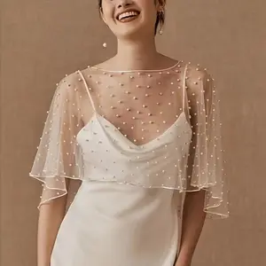 Women’s Pearl Embellished Bridal Cape, Short Front Long Back Bolero Cloak, Elegant Wedding Wrap Shawl, Lightweight Evening Cover-Up for Bridal & Formal Occasions