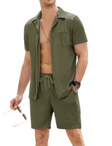 COOFANDY B Men's 2 Pieces Shirt Sets Short Sleeve Casual Button Down Hippie T-Shirts Shorts Sets Summer Fashion Beach Outfits Menswear Comfy