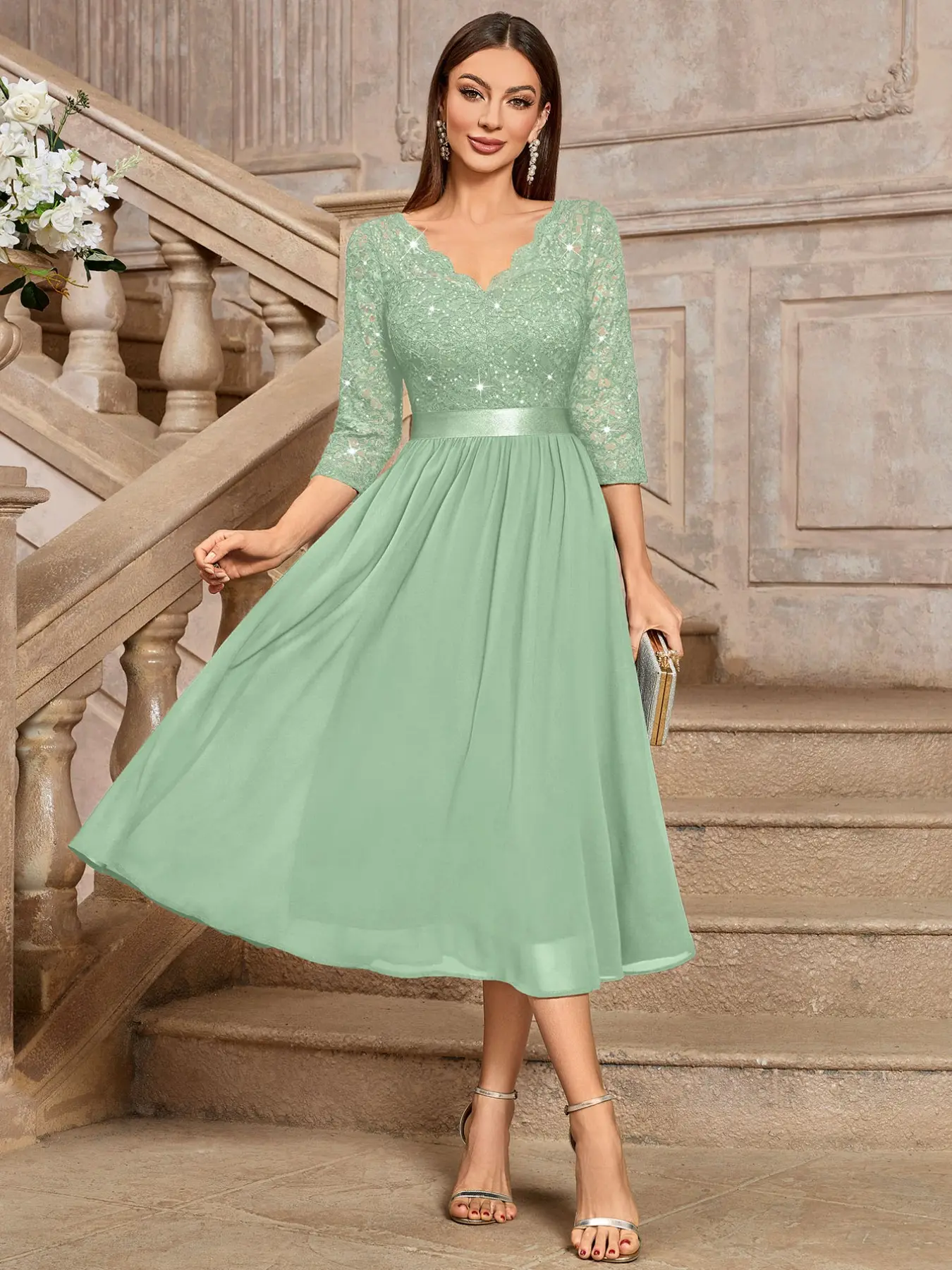 miusol green dress Olive Green Linen Wrap Front Lantern Puff Long Sleeve Mini Dress main image 1