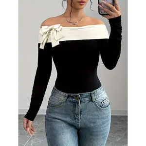 [Off-Shoulder Bodysuit] Women's Elegant Bodysuit - Off-Shoulder, Long Sleeve, Stretch Fit, Polyester Blend - For Spring/Fall, Black & White Two-Tone Design